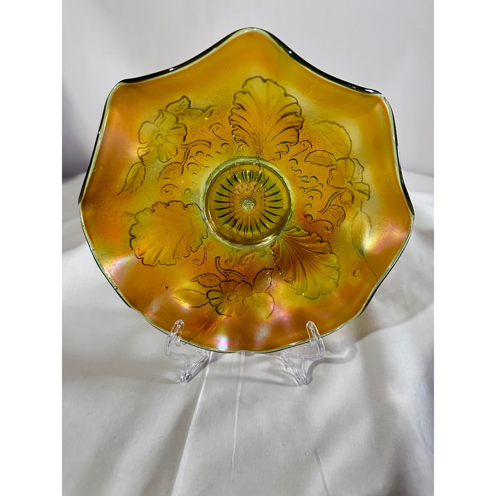 Northwood Wild Rose Green Carnival Glass Ruffled‎ Bowl Iridescent Floral 8.75"